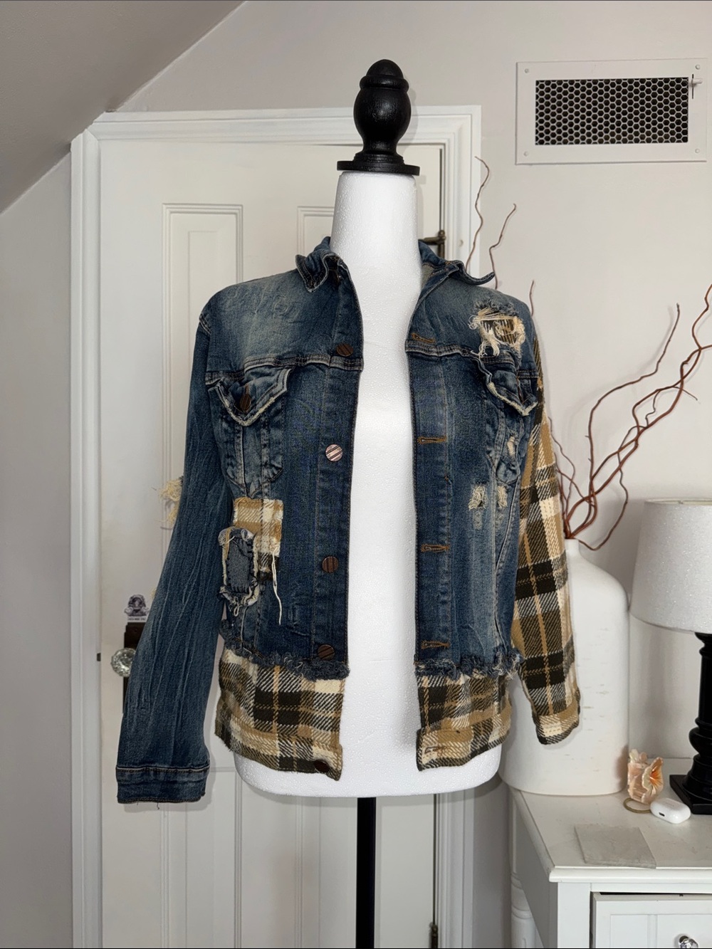 Cropped Distressed Blue Denim Jacket with Tan Plaid Panels